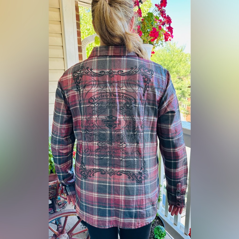 Harley Davidson Sheen Plaid Snap Button Down Shirt